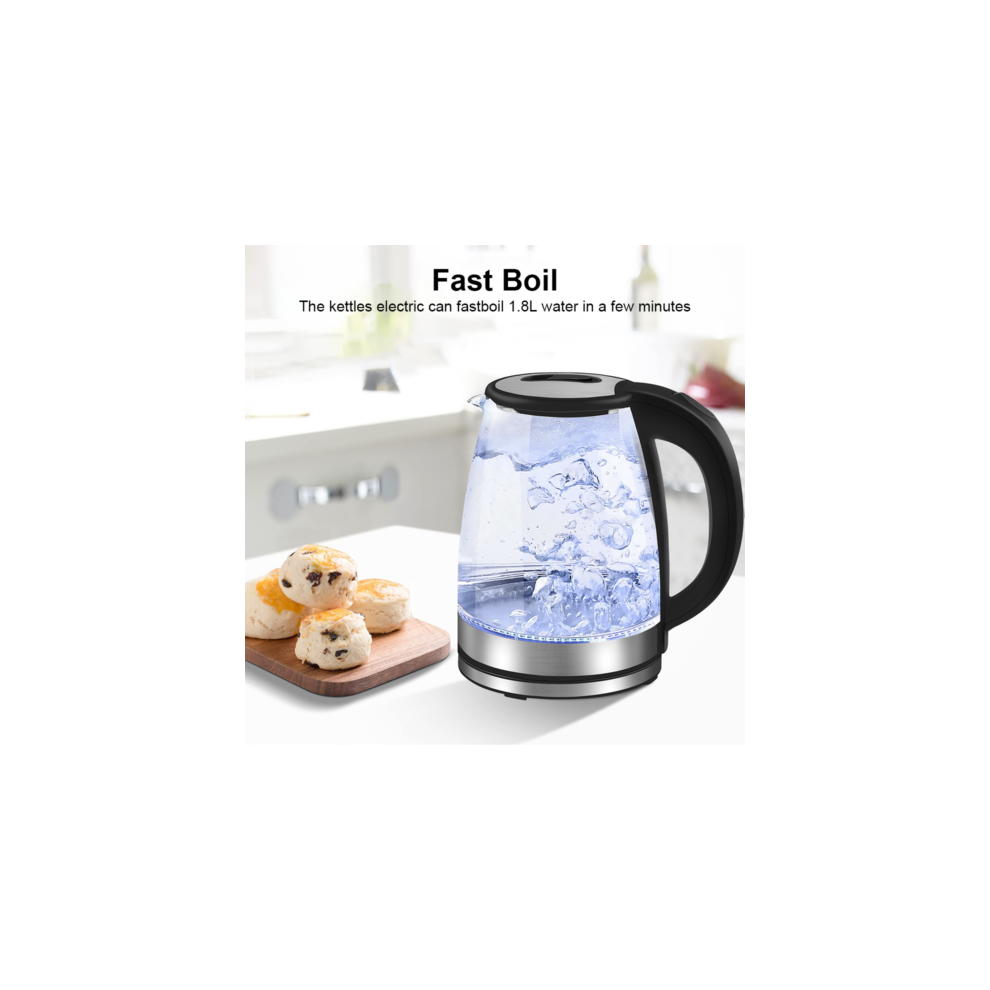 1.8L Electric Kettle Glass Fast Boil Quiet 360° Blue LED Illuminated Jug
