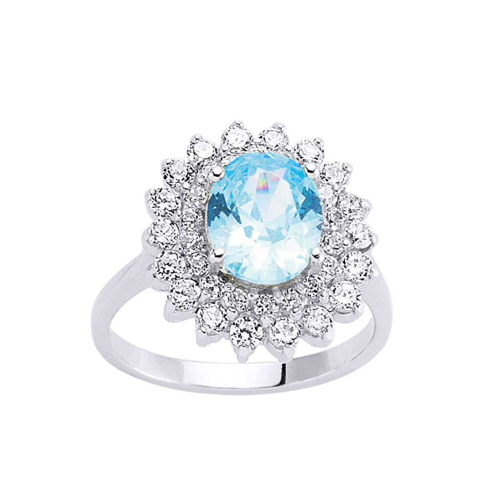 (L) Jewelco London Ladies Sterling Silver Light Blue Oval Cubic Zirconia Royal Cluster Engagement Ring - GVR302-TOP