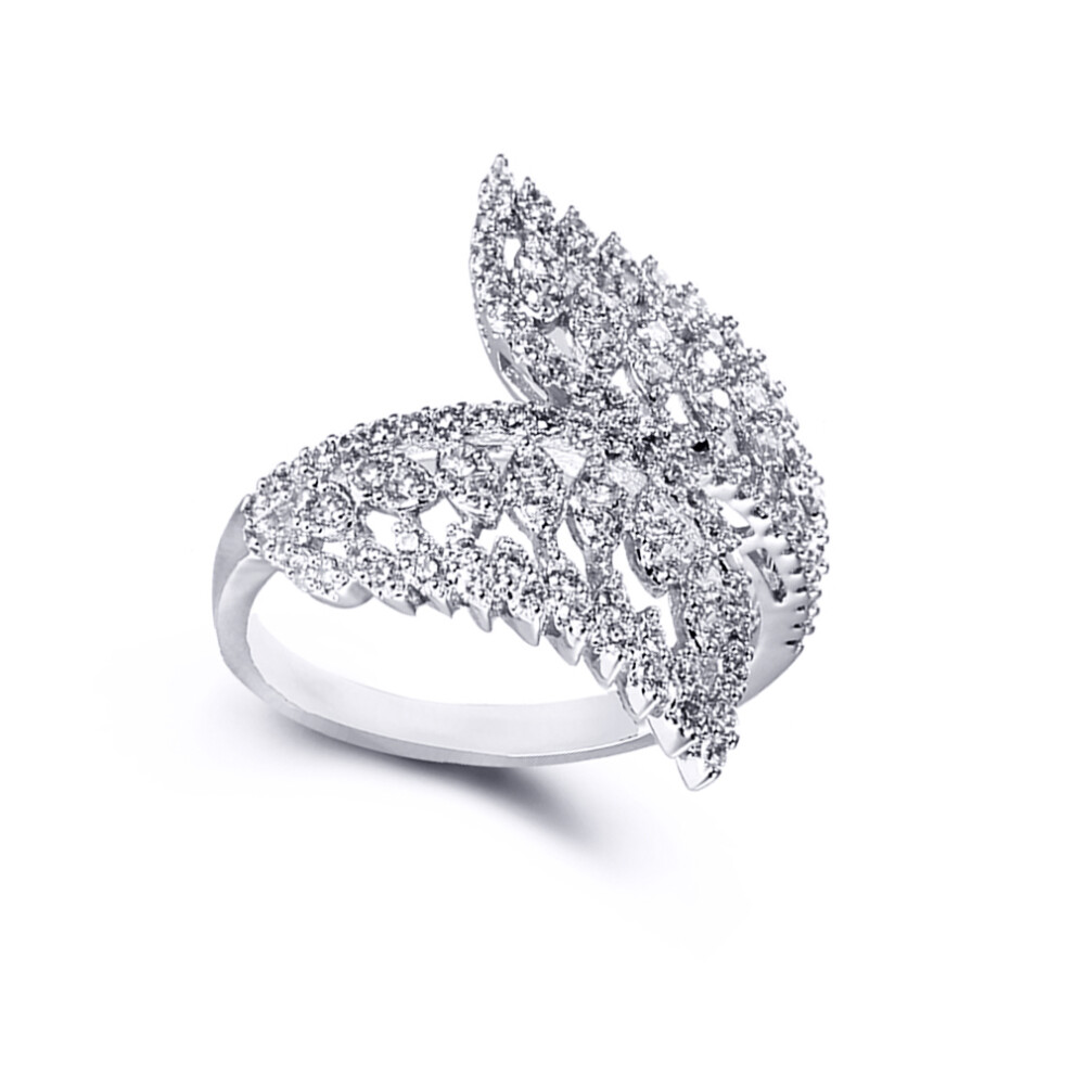 (K) Jewelco London Ladies Rhodium Plated Sterling Silver Cubic Zirconia Crossover Angel Wing Feathers Dress Ring - ARN147