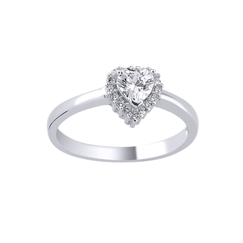 (M) Jewelco London Ladies Rhodium Plated Sterling Silver Round & Love Heart CZ Dainty Halo Solitaire Engagement Ring - ARN135