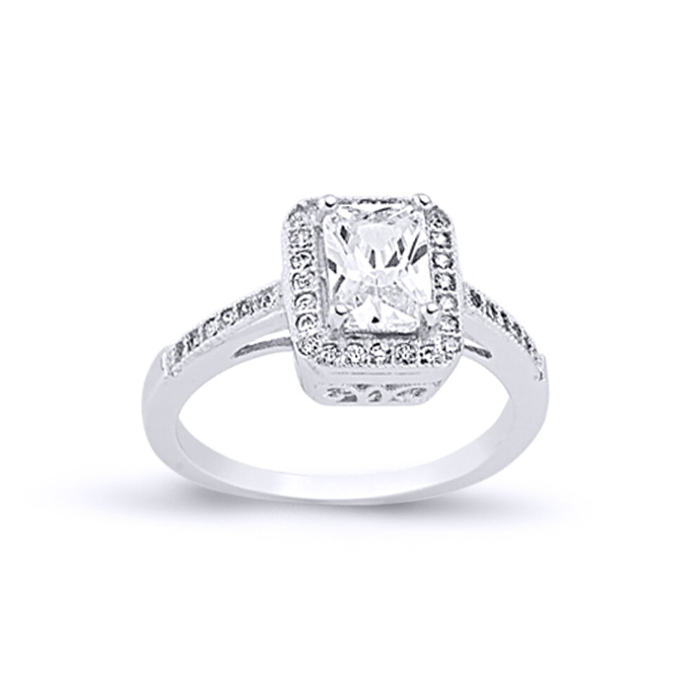 Silver  Emerald-cut CZ Shoulder-set Halo Solitaire Engagement Ring - ARN133