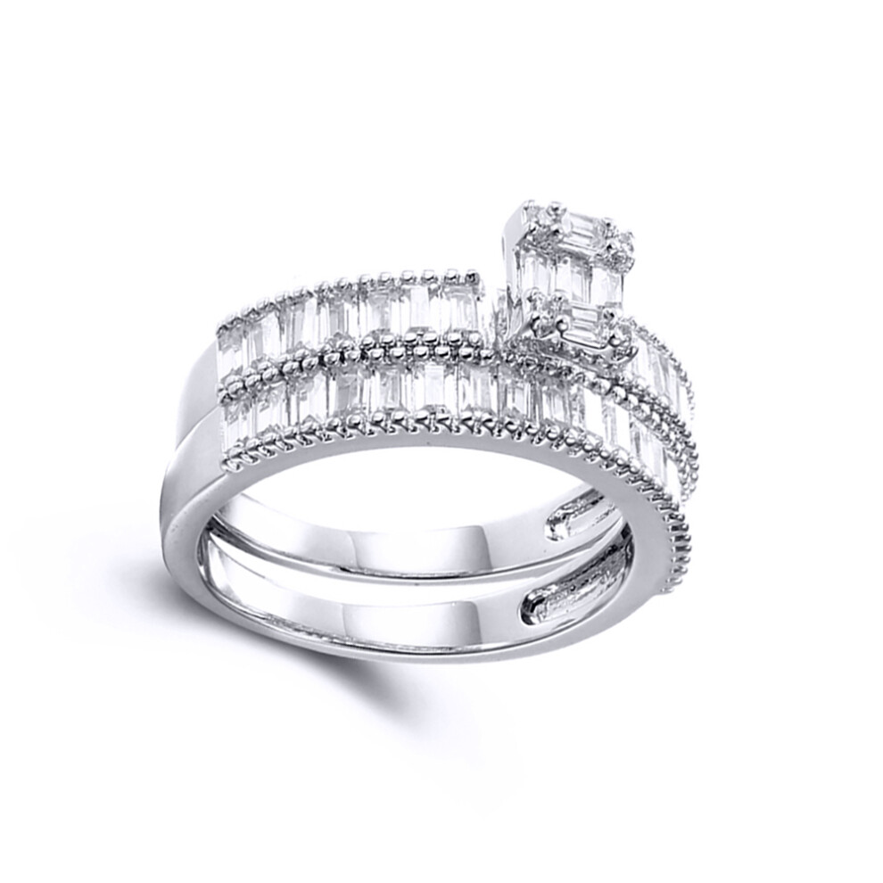 (K) Jewelco London Ladies Rhodium Sterling Silver Round & Baguette CZ Shoulder-set Bridge Solitaire-style Bridal Set Rings - ARN155