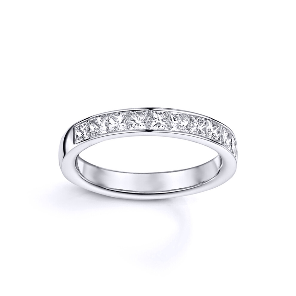 (K) Jewelco London Ladies Rhodium Plated Sterling Silver White Princess-cut Cubic Zirconia Channel-Set Half Eternity Ring - ARN143