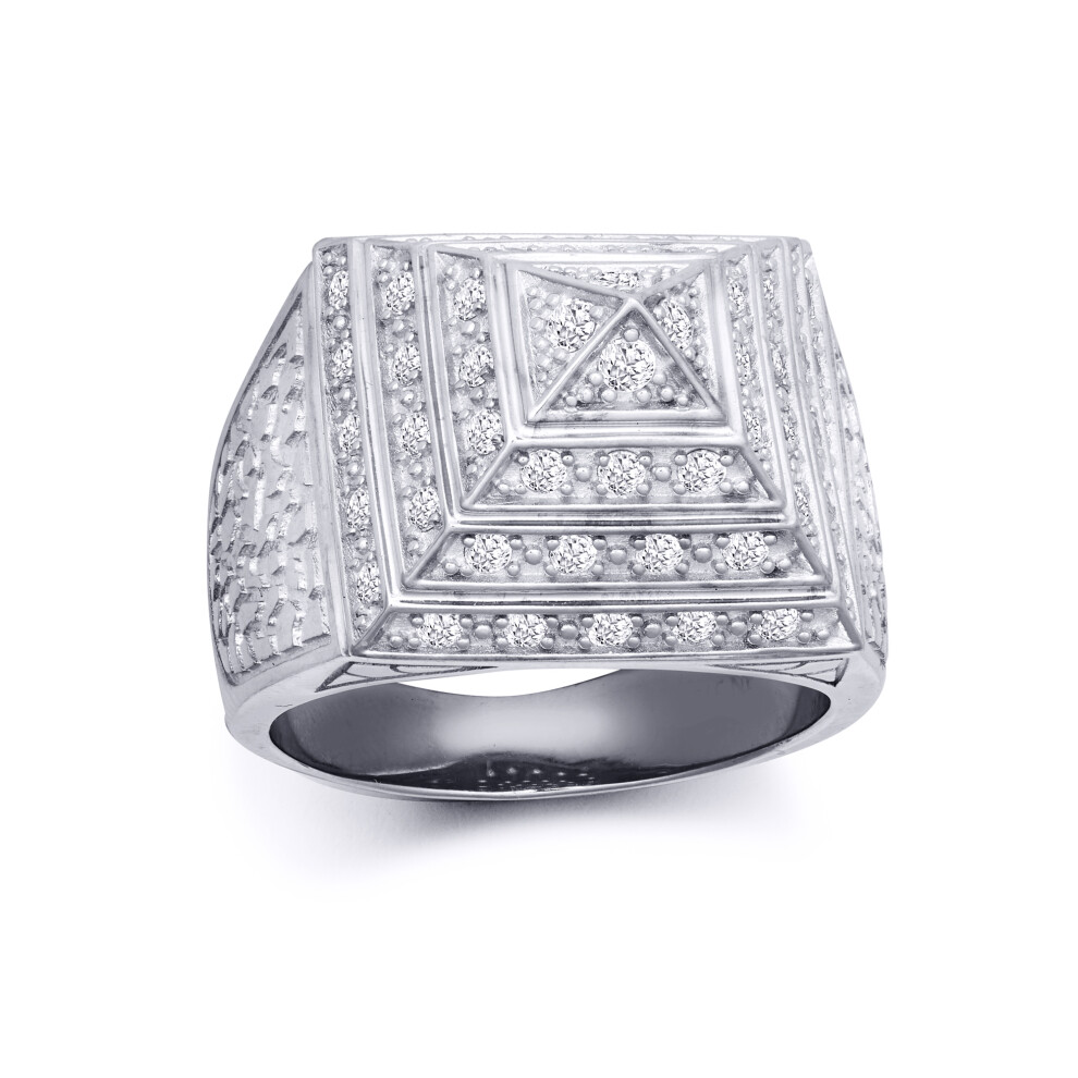 (V) Jewelco London Men's Rhodium Plated Sterling Silver White Round Brilliant Cubic Zirconia Egyptian Pyramid 20mm Signet Ring - ARN131B