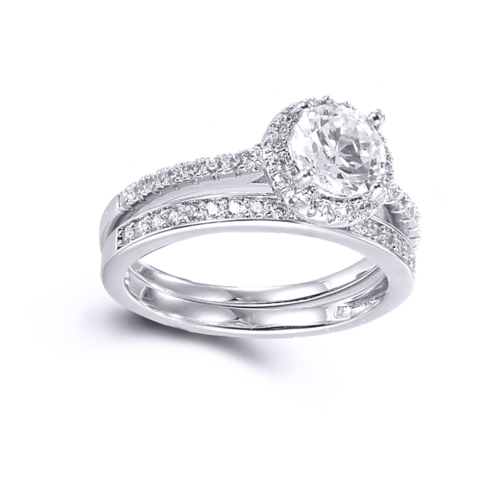 (K) Jewelco London Ladies Rhodium Plated Sterling Silver Cubic Zirconia Shoulder-set Halo Solitaire Bridal Set Rings - ARN154