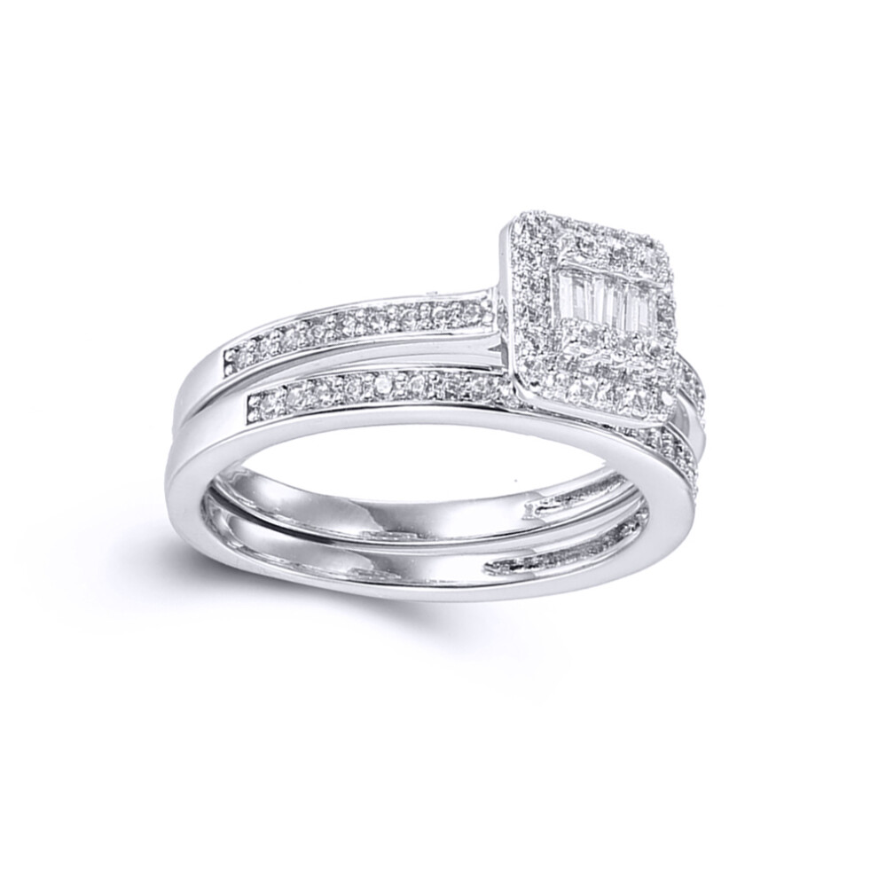 (O) Jewelco London Ladies Rhodium Sterling Silver Round & Baguette CZ Shoulder-set Square Solitaire-style Bridal Set Rings - ARN153