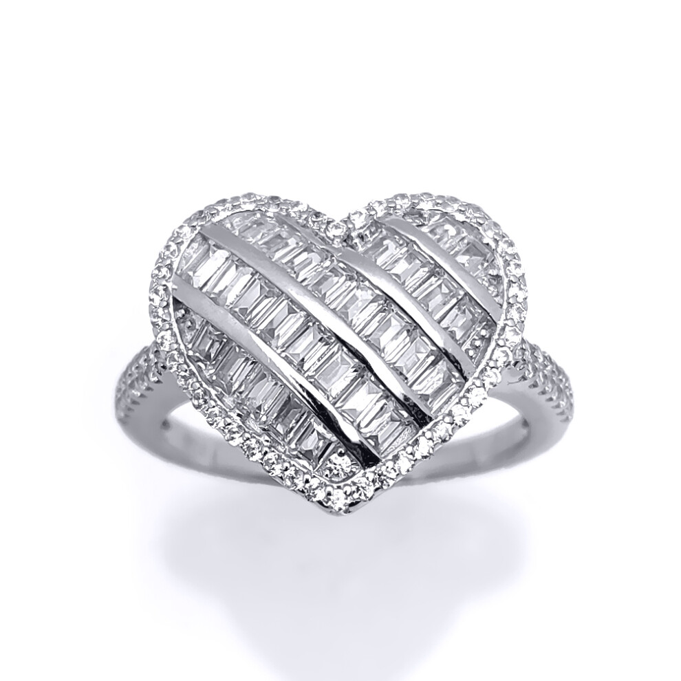 (K) Jewelco London Ladies Rhodium Plated Sterling Silver Round & Baguette CZ Shoulder-set 5-Row Halo Love Heart Cluster Ring - ARN146