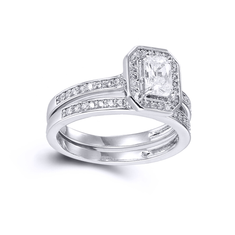 (P) Jewelco London Rhodium Sterling Silver Baguette & Emerald-cut CZ Shoulder-set Octagon Halo Solitaire Bridal Set Rings - ARN148