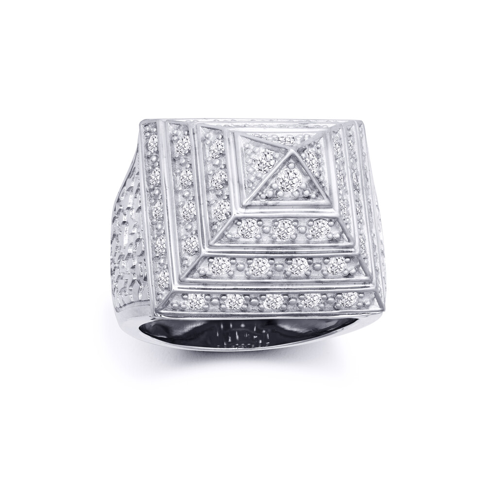(S) Jewelco London Men's Rhodium Plated Sterling Silver White Round Brilliant Cubic Zirconia Egyptian Pyramid 25mm Signet Ring - ARN131C