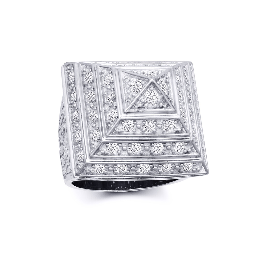 (S) Jewelco London Men's Rhodium Plated Sterling Silver White Round Brilliant Cubic Zirconia Egyptian Pyramid 30mm Signet Ring - ARN131D