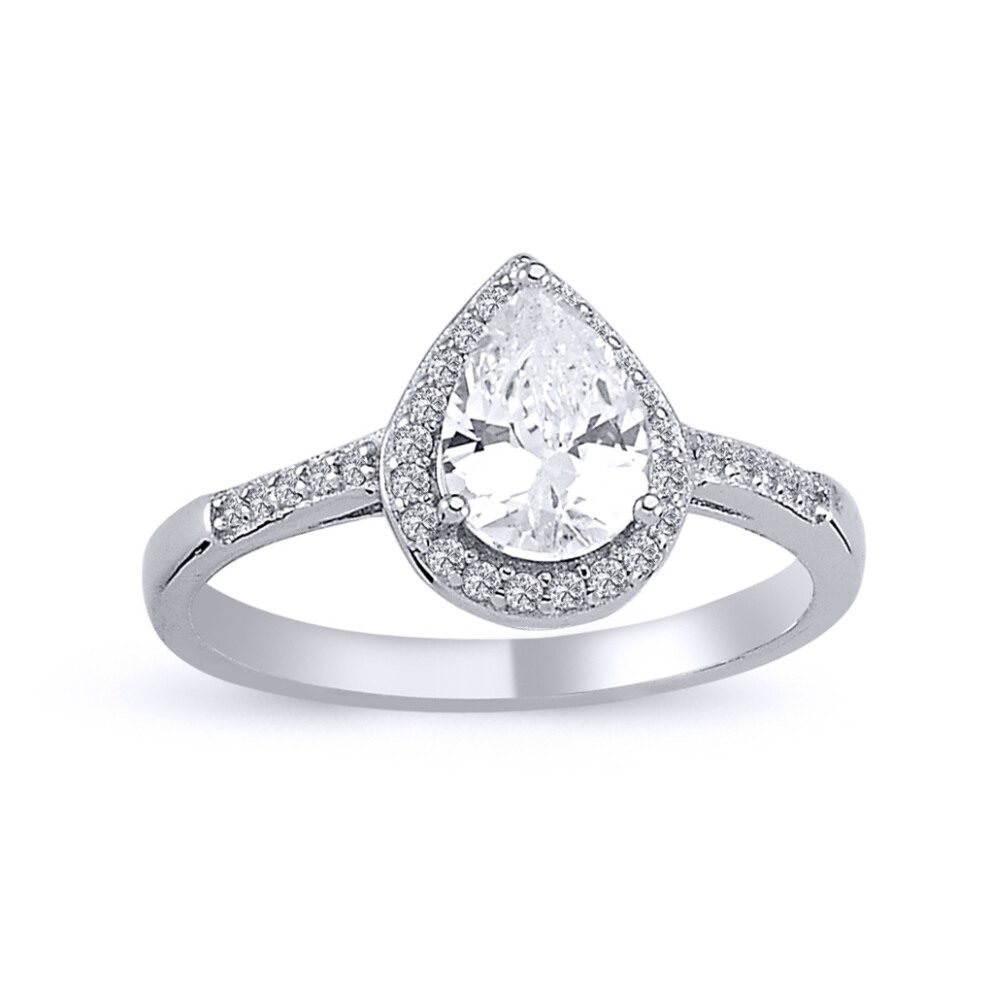 (K) Jewelco London Ladies Rhodium Plated Sterling Silver Round & Pear CZ Shoulder-set Halo Solitaire Engagement Ring - ARN139