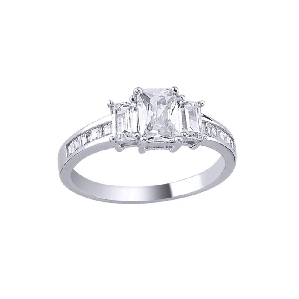 (Q) Jewelco London Ladies Rhodium Sterling Silver Baguette & Emerald-cut CZ Channel-Set Shoulders Trilogy Engagement Ring - ARN138