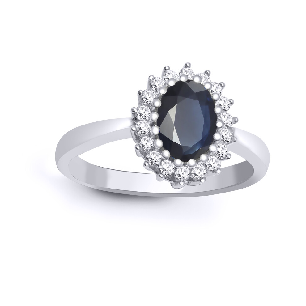 (I) Jewelco London 9ct White Gold H I2 0.23ct Diamond and Oval Blue 1.1ct Sapphire Classic Royal Cluster Ring 11mm