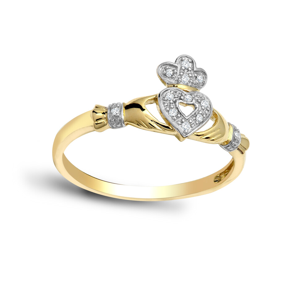 (N) Jewelco London Ladies 9ct Yellow Gold Pave Set Round H I2 0.05ct Diamond Claddagh fáinne Chladaigh Cocktail Ring 10mm