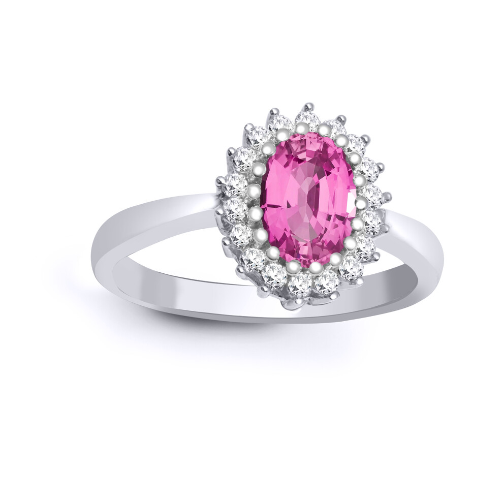 (I) Jewelco London 9ct White Gold H I2 0.23ct Diamond and Oval Pink 1.06ct Sapphire Classic Royal Cluster Ring 11mm