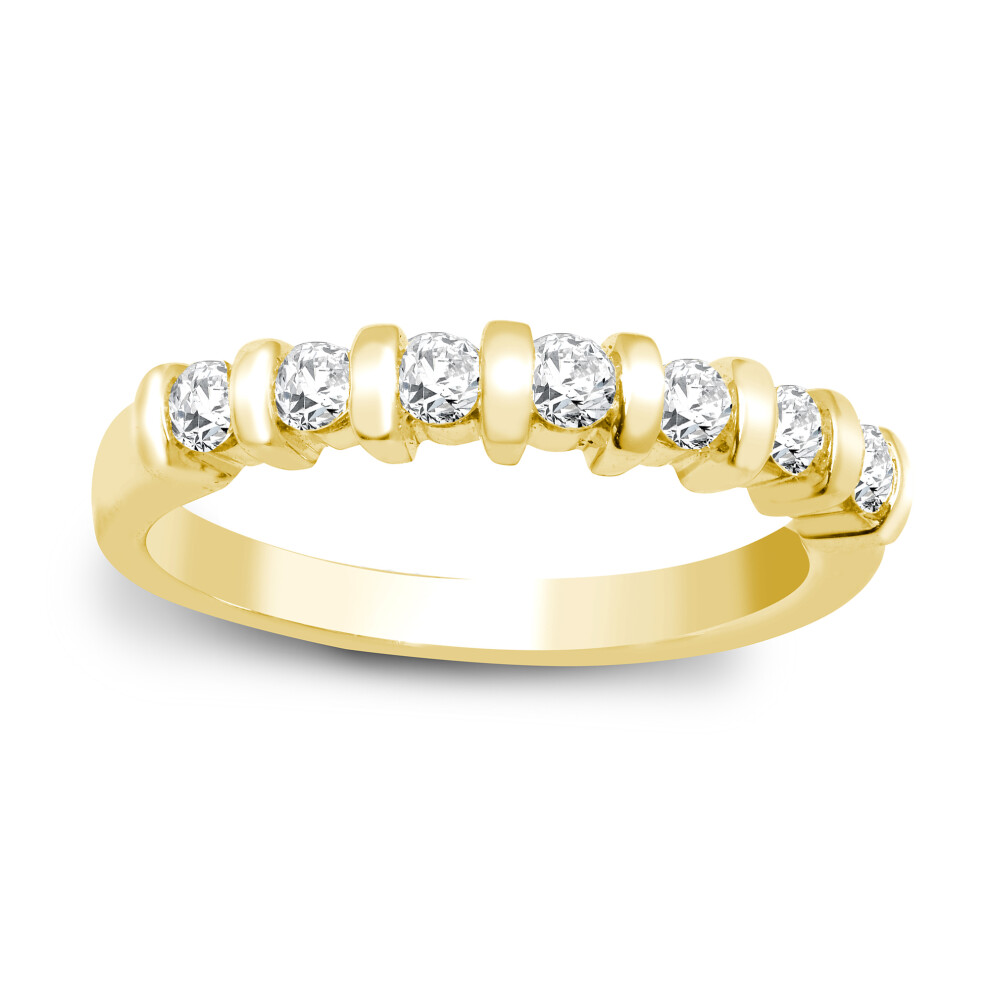 (I) Jewelco London Solid 9ct Yellow Gold Bar Set Round H I1 0.4ct Diamond 7 Stone Eternity Ring 3.5mm