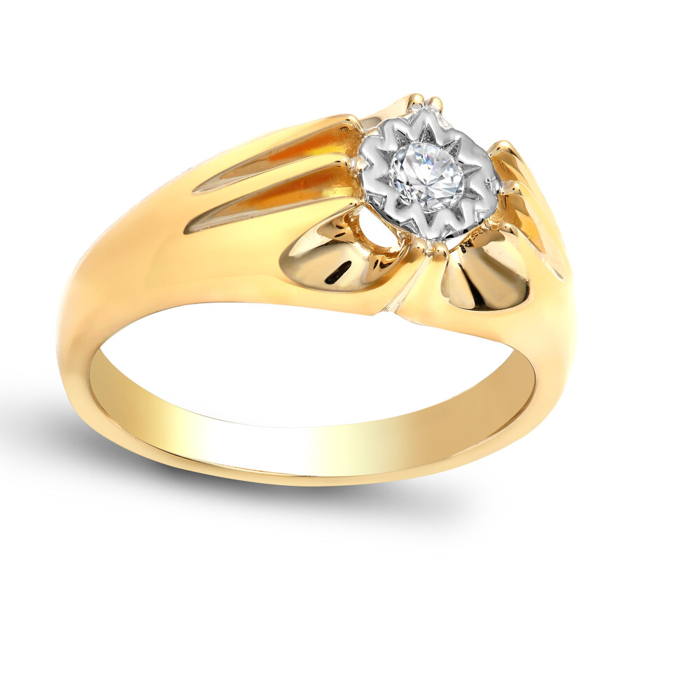 (P) Jewelco London Men's Solid 9ct Yellow Gold Gypsy Set Round H I2 0.2ct Diamond Gypsy Solitaire Ring 9mm
