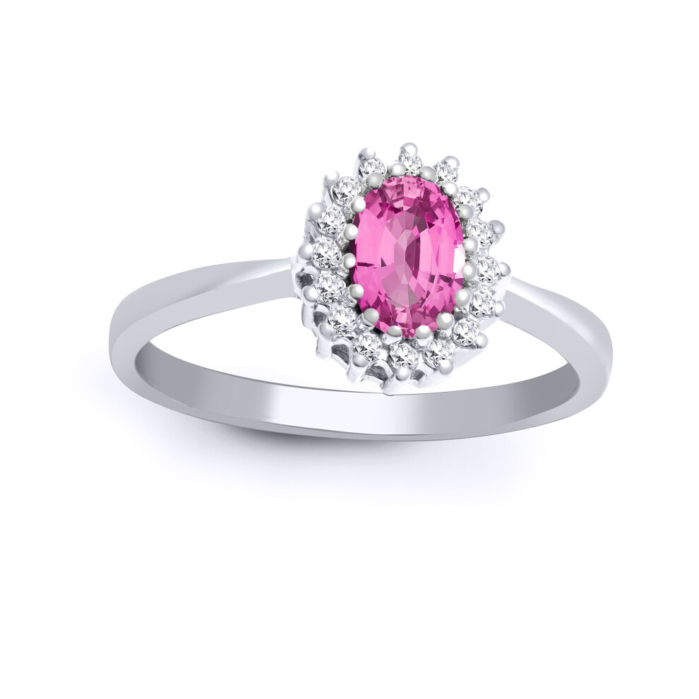 (I) Jewelco London 9ct White Gold H I2 0.12ct Diamond and Oval Pink 0.68ct Sapphire Classic Royal Cluster Ring 9mm