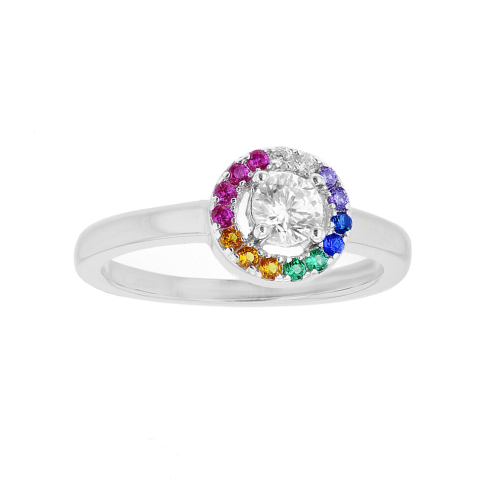 (M) Jewelco London Sterling Silver CZ Rainbow Halo Solitaire Engagement Ring 8mm - 8-86-0149