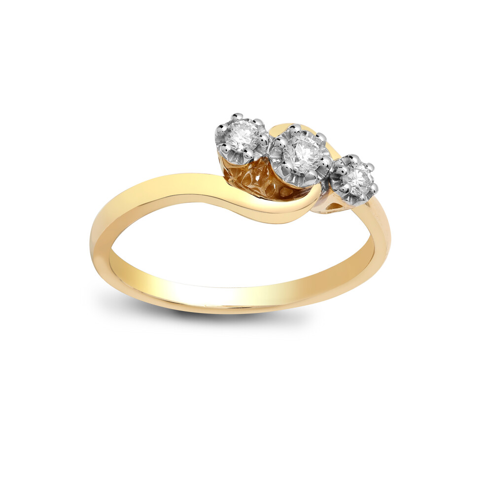 (K) Jewelco London Ladies Solid 9ct Yellow Gold 6 Claw Set Round H I2 0.25ct Diamond Crossover Trilogy Ring 6mm