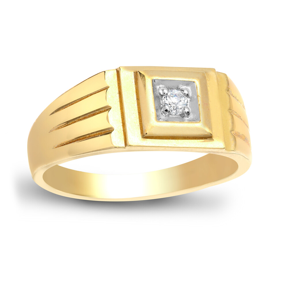 (N) Jewelco London Men's Solid 9ct Yellow Gold 4 Claw Set Round H I2 0.11ct Diamond Solitaire Signet Ring 9mm