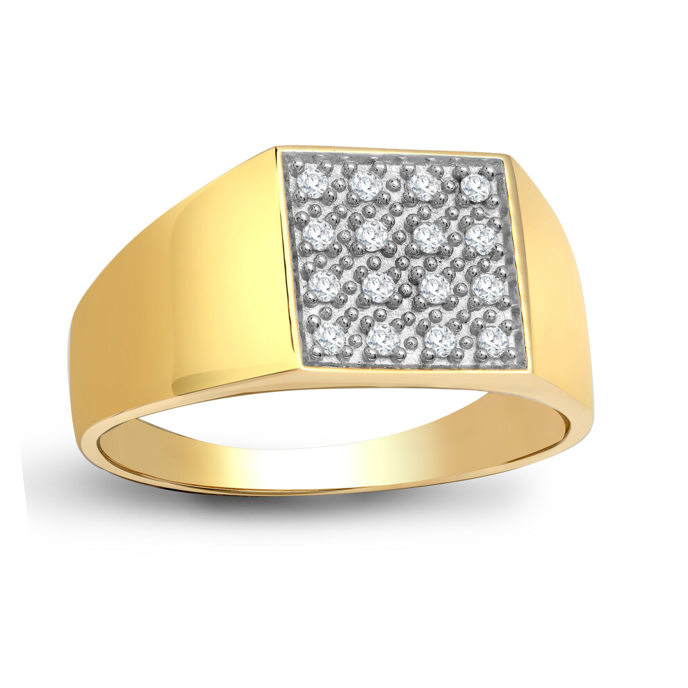(U) Jewelco London Men's Solid 9ct Yellow Gold Pave Set Round H I2 0.25ct Diamond Square Cluster Signet Ring 11mm