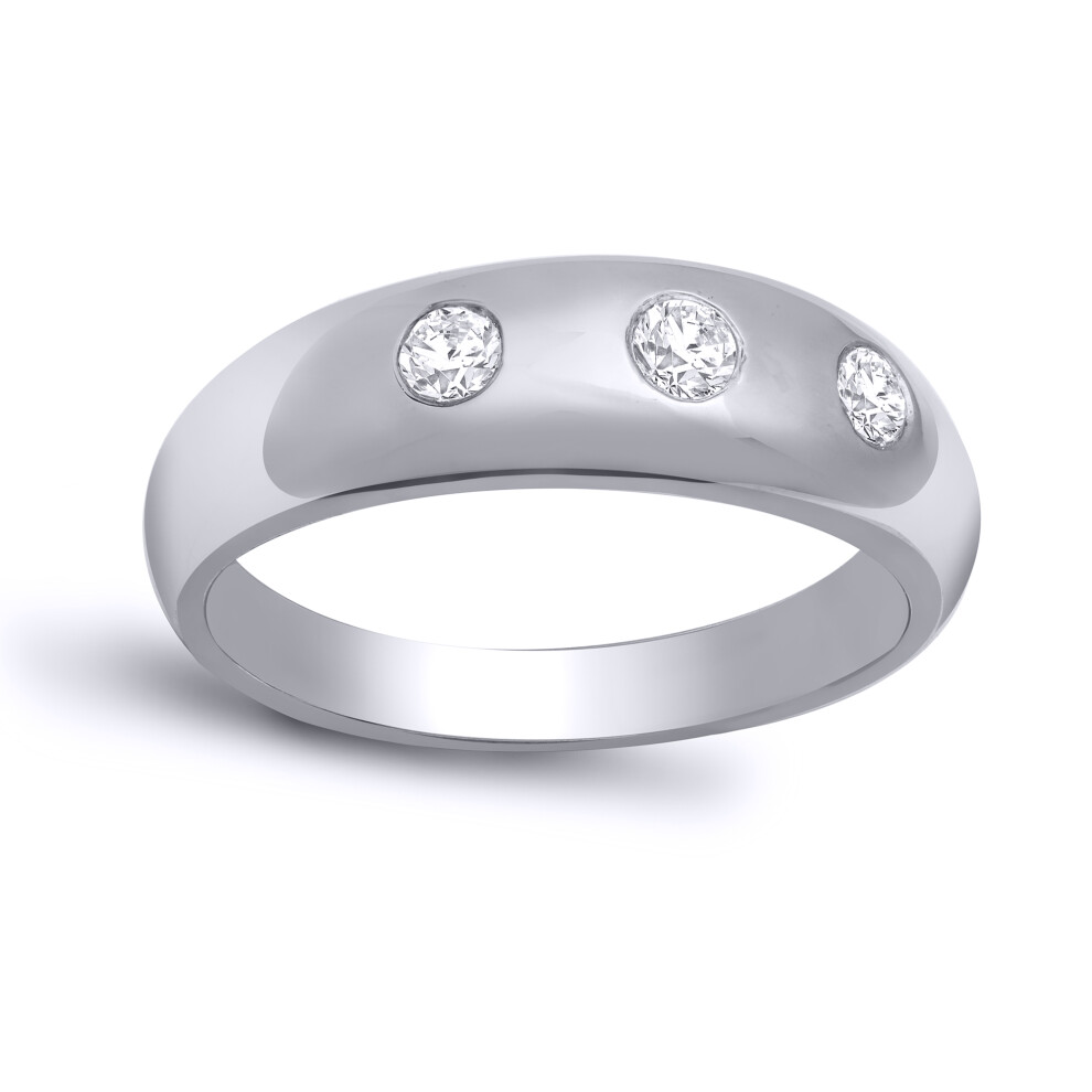 (J) Jewelco London Men's Solid 9ct White Gold Rub Over Set Round H I2 0.33ct Diamond Domed Band Trilogy Ring 7mm