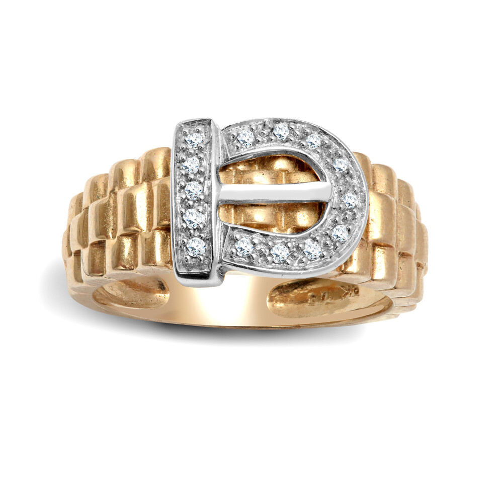 (Y) Jewelco London Men's Solid 9ct Yellow Gold Pave Set Round H I1 0.15ct Diamond Belt Buckle Ring 11mm