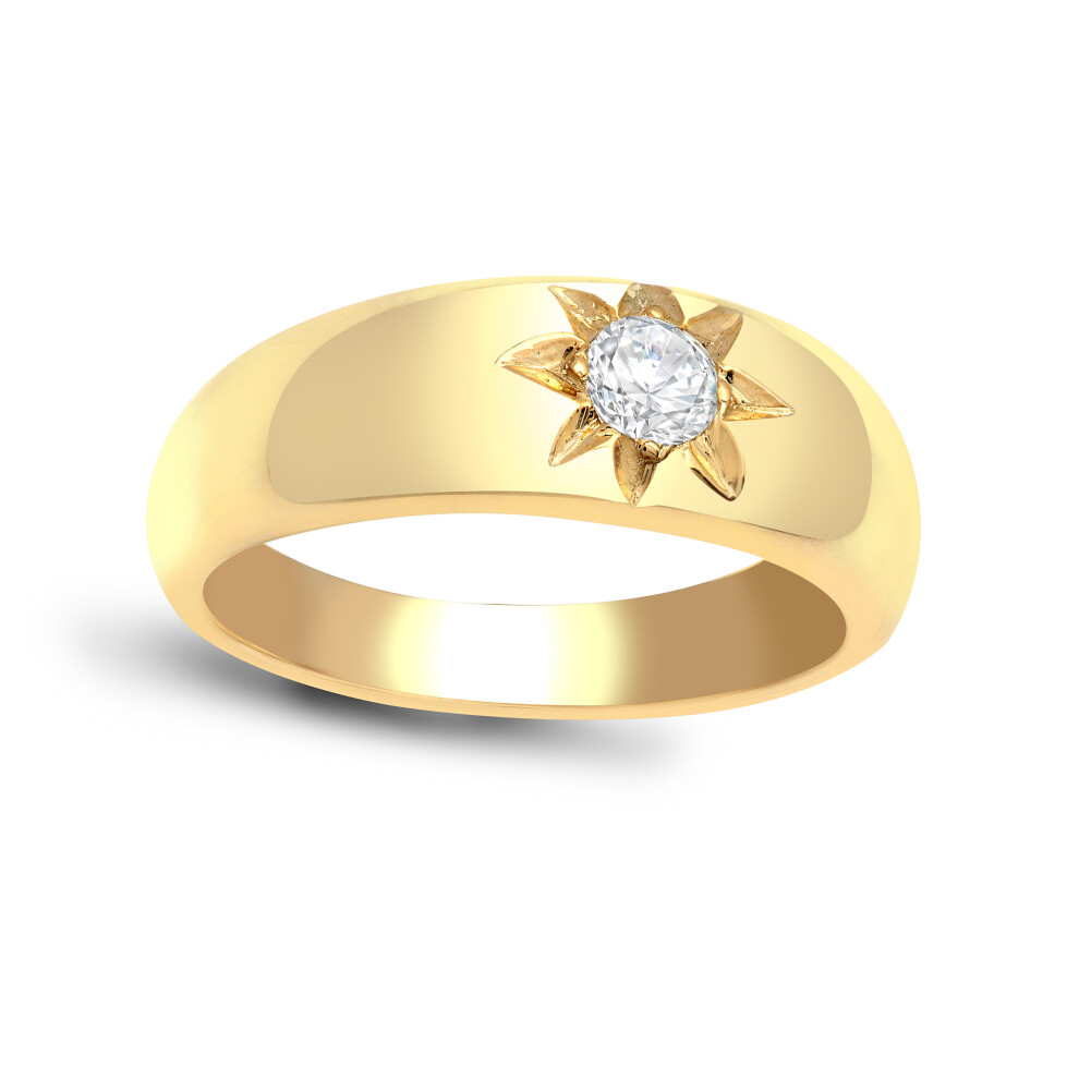 (H) Jewelco London Men's Solid 9ct Yellow Gold Gypsy Set Round H I1 0.25ct Diamond Domed Band Solitaire Ring 7mm