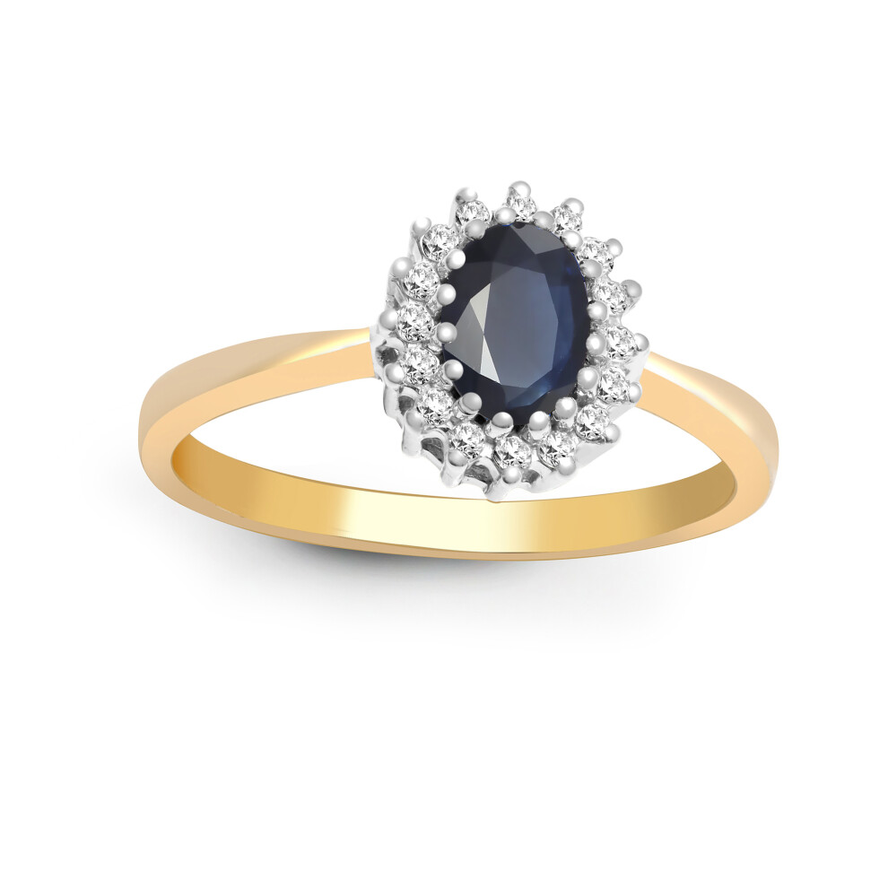 (I) Jewelco London 9ct Yellow Gold H I2 0.12ct Diamond and Oval Blue 0.56ct Sapphire Classic Royal Cluster Ring 9mm