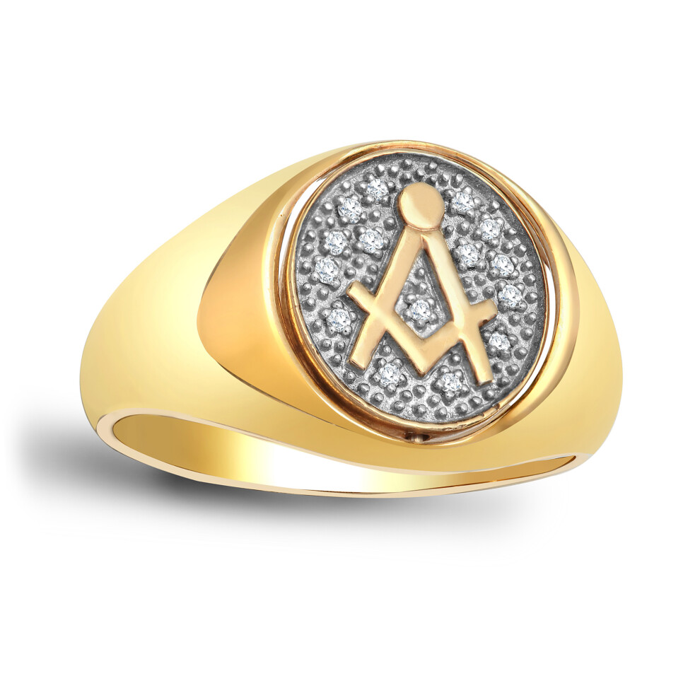 (S) Jewelco London Men's Solid 9ct Yellow Gold Pave Set Round J I1 0.1ct Diamond Pave Cluster Masonic Signet Ring 15mm
