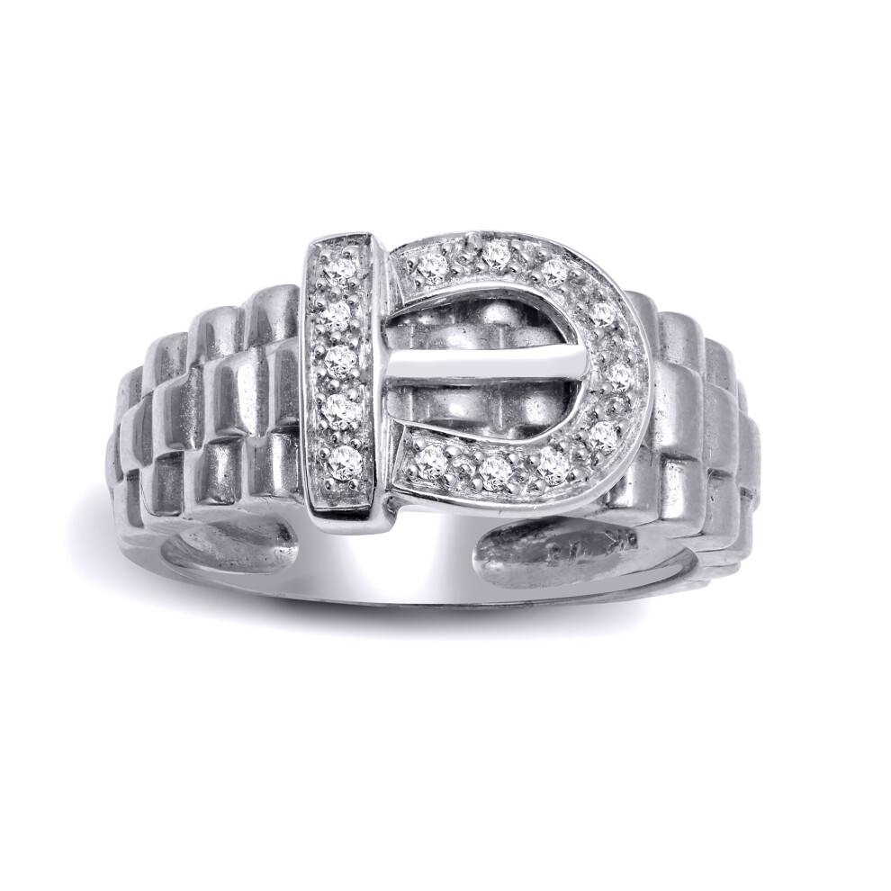 (Y) Jewelco London Men's Solid 9ct White Gold Pave Set Round J SI 0.15ct Diamond Belt Buckle Ring 11mm