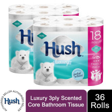 (36 Rolls) Hush Luxury 3Ply Bathroom Tissue, White Rolls