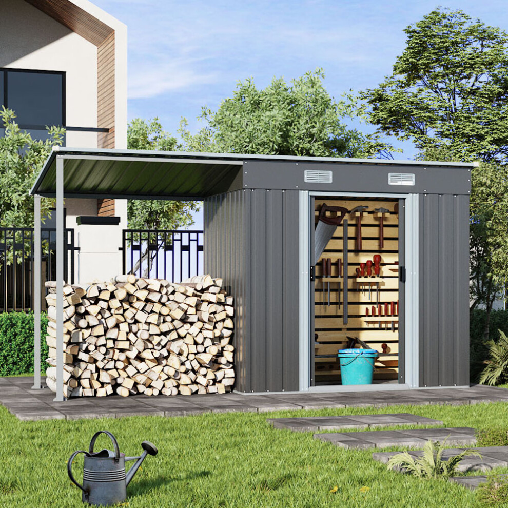 Dark Grey Outdoor Metal Storage Shed with Lean-to Garden Shed