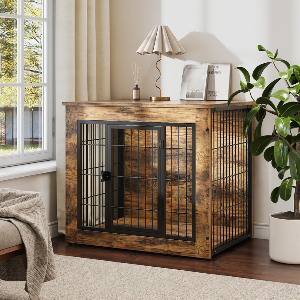 Retro Brown Lockable Dog Crate Wooden Pet Kennel Cage Table