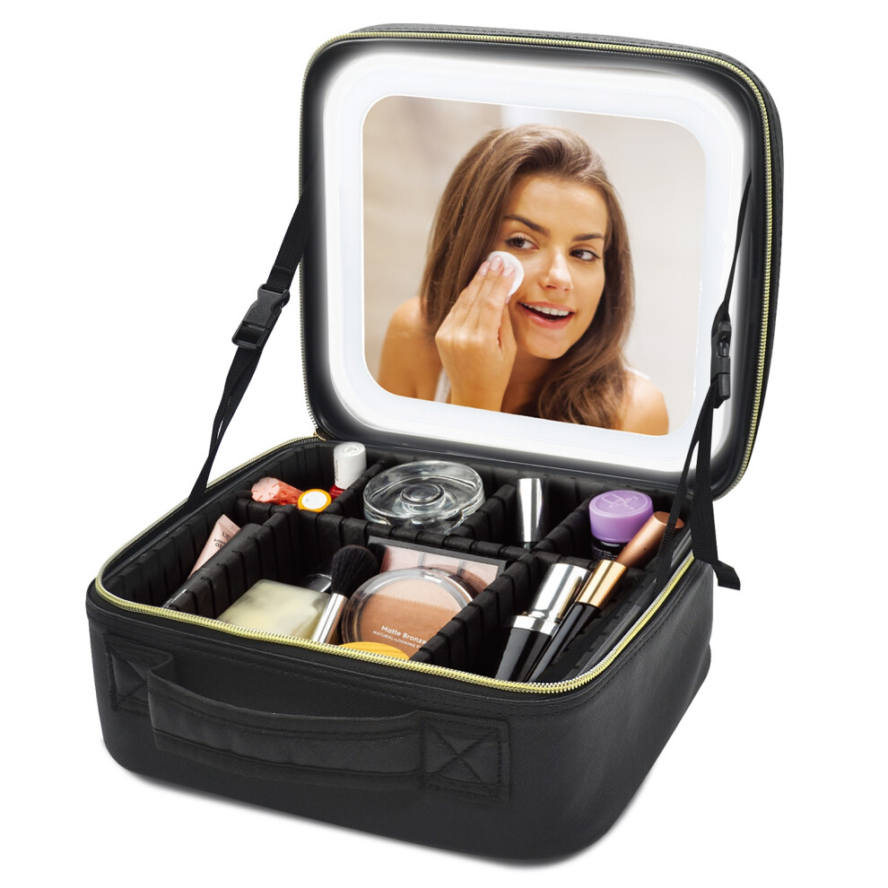 Black Cosmetic Makeup Vanity Case Make Up Storage With Light Up Mirror