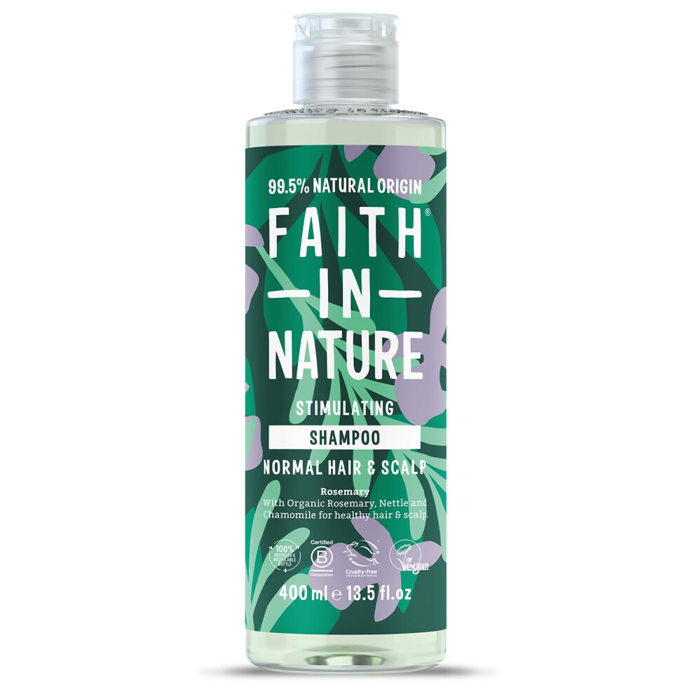 Faith In Nature Natural Rosemary Shampoo, Stimulating for Normal Hair & Scalp, Vegan & Cruelty Free, No SLS, Silciones or Parabens, 400ml