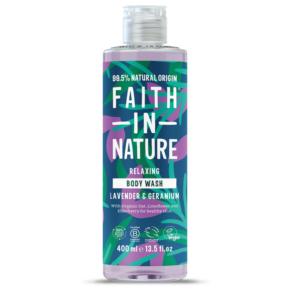 Faith In Nature Natural Lavender and Geranium Body Wash, Relaxing Shower Gel, Vegan and Cruelty Free, No SLS or Parabens, 400 ml