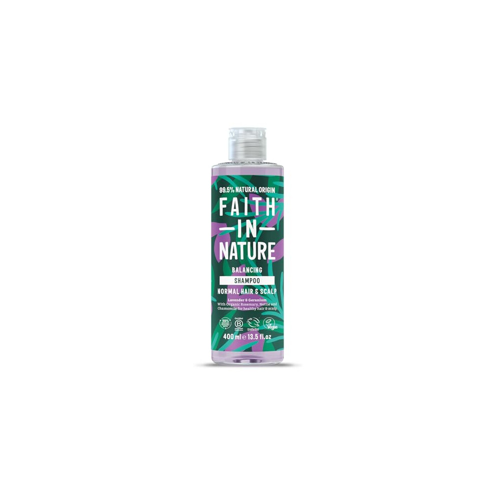 Faith In Nature Natural Lavender & Geranium Shampoo, Balancing for Normal Hair & Scalp, Vegan & Cruelty Free, No SLS, Silcones or Parabens, 400ml