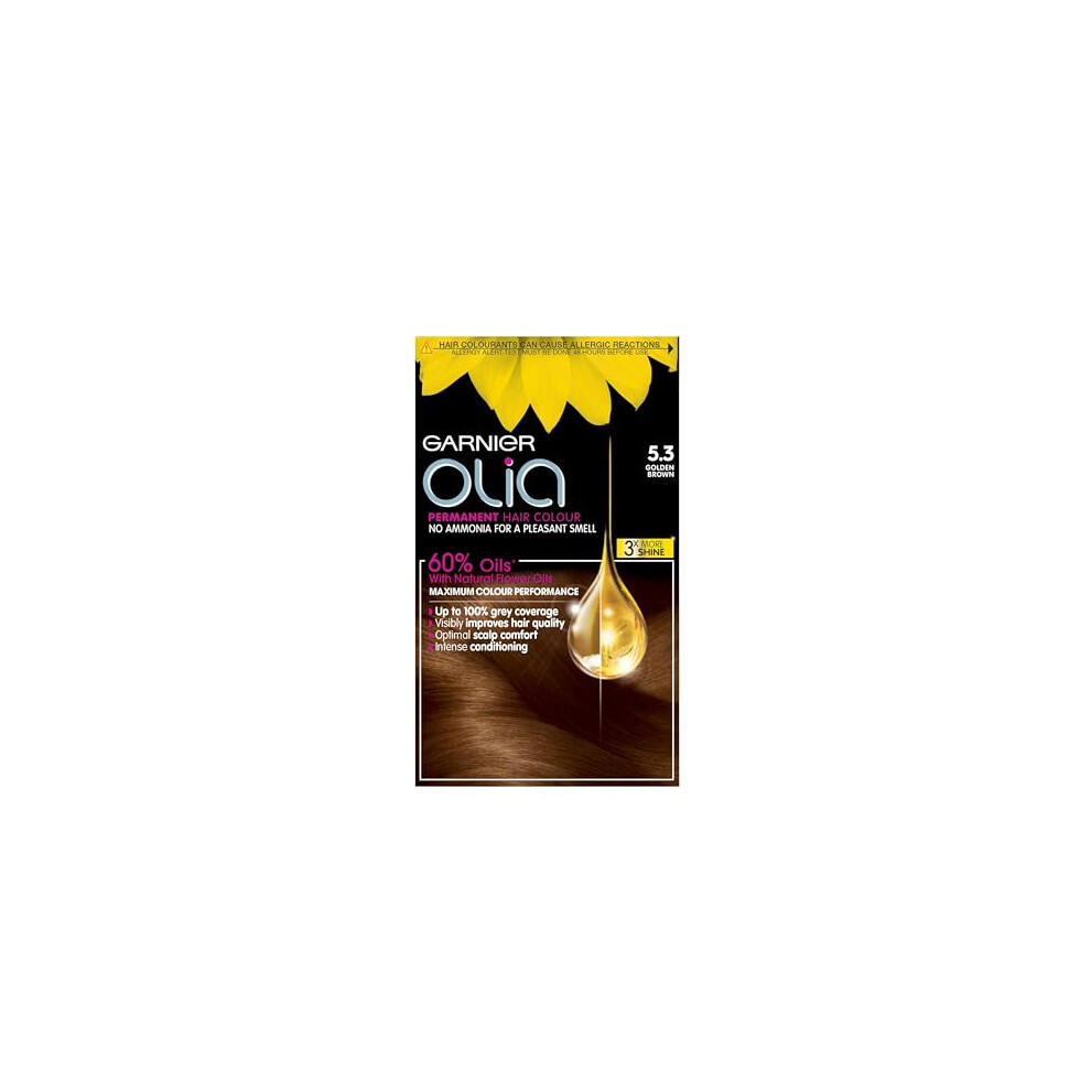 Garnier Olia Permanent Hair Dye, Up to 100% Grey Hair Coverage, No Ammonia, 5.3 Golden Brown