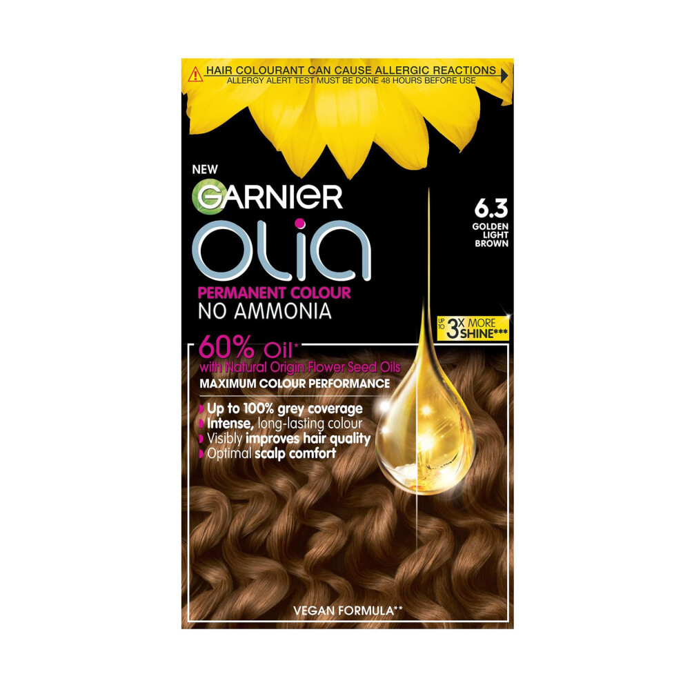 Garnier Olia Permanent Hair Dye, Up to 100% Grey Hair Coverage, No Ammonia, 60% Oils, 6.3 Golden Light Brown