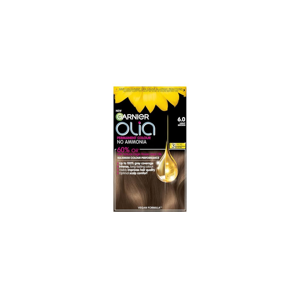 Garnier Olia Permanent Hair Dye, Up to 100% Grey Hair Coverage, No Ammonia, 60% Oils, 6.0 Light Brown