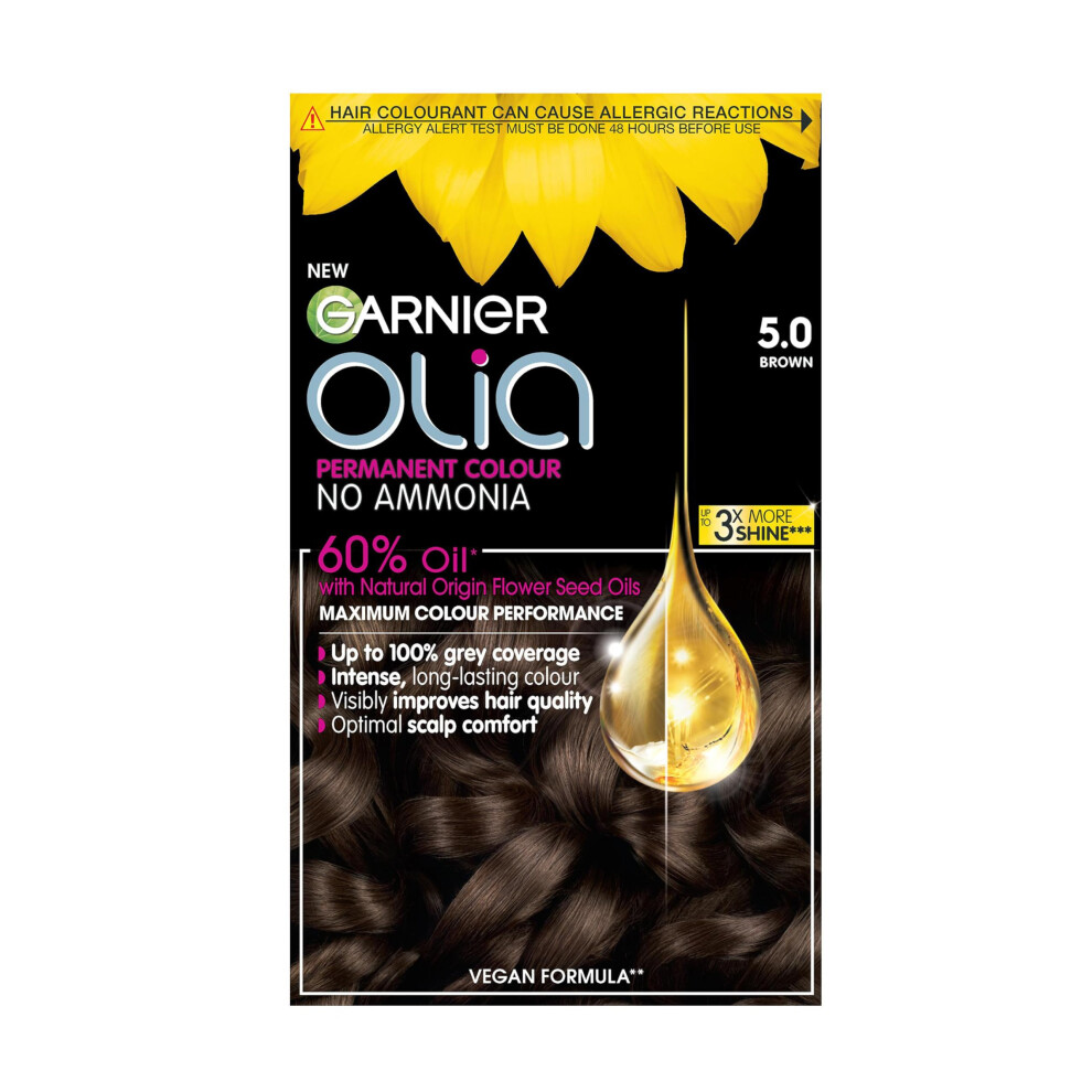 Garnier Olia Permanent Hair Dye, Up to 100% Grey Hair Coverage, No Ammonia, 5.0 Brown