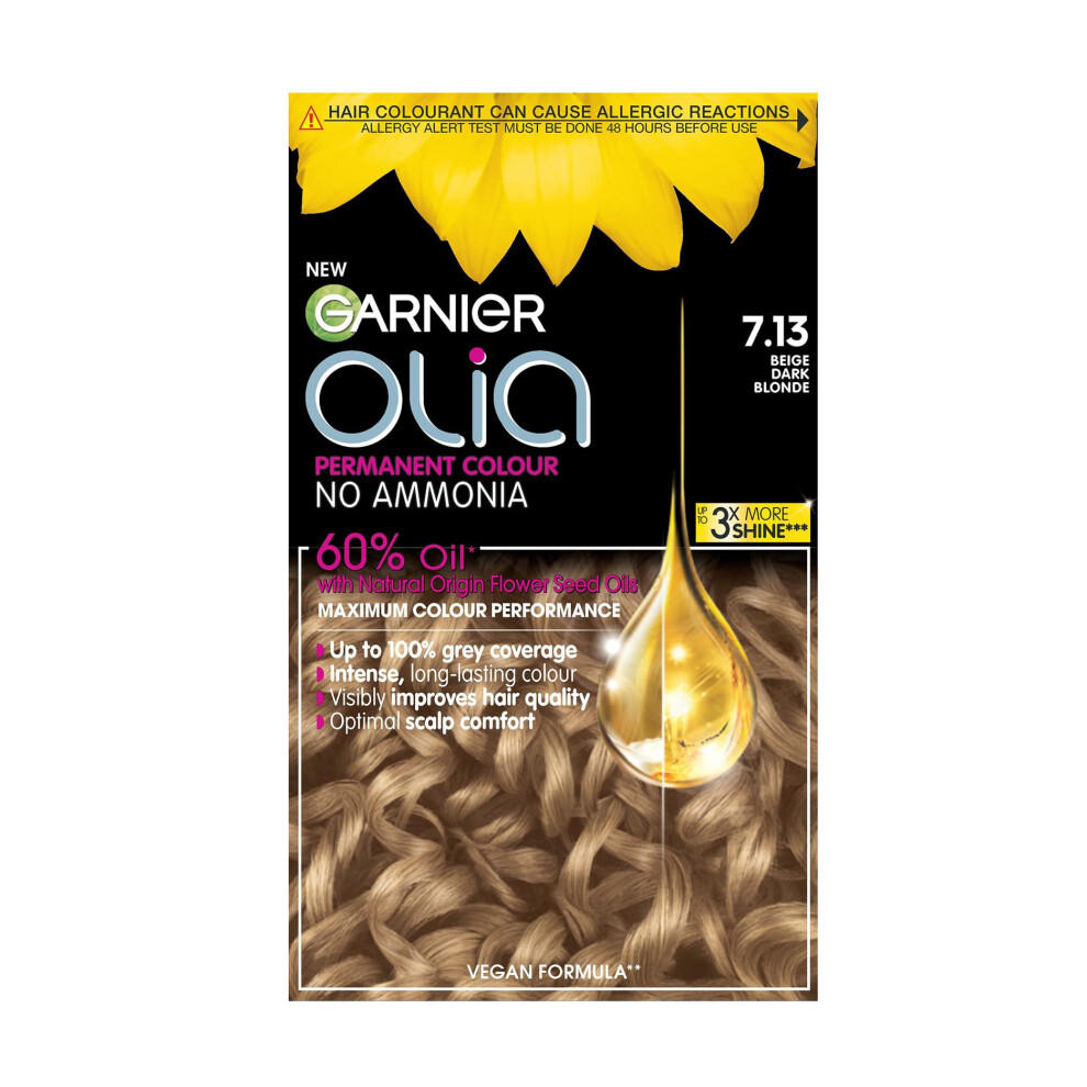 Garnier Olia Permanent Hair Dye, Up to 100% Grey Hair Coverage, No Ammonia, 60% Oils, 7.13 Dark Beige Blonde