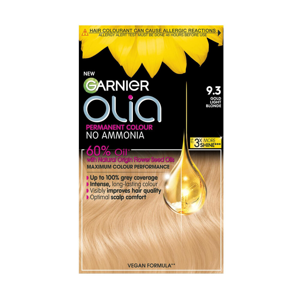 Garnier Olia Permanent Hair Dye, Up to 100% Grey Hair Coverage, No Ammonia, 60% Oils, 9.3 Golden Light Blonde