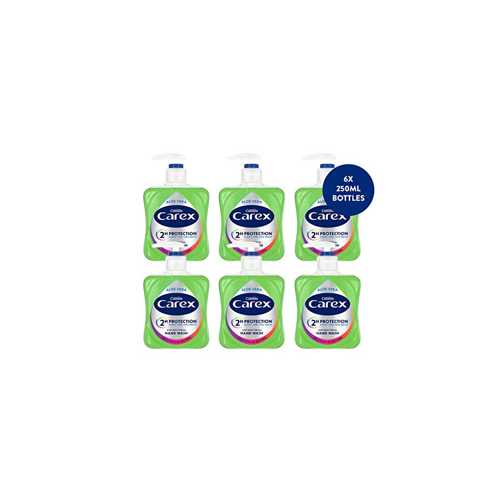 Carex 2 Hour Protection Antibacterial Aloe Vera Hand Wash, Added Natural Moisturisers, Gentle & Protects Hands, Bulk Buy, Pack of 6 x 250ml