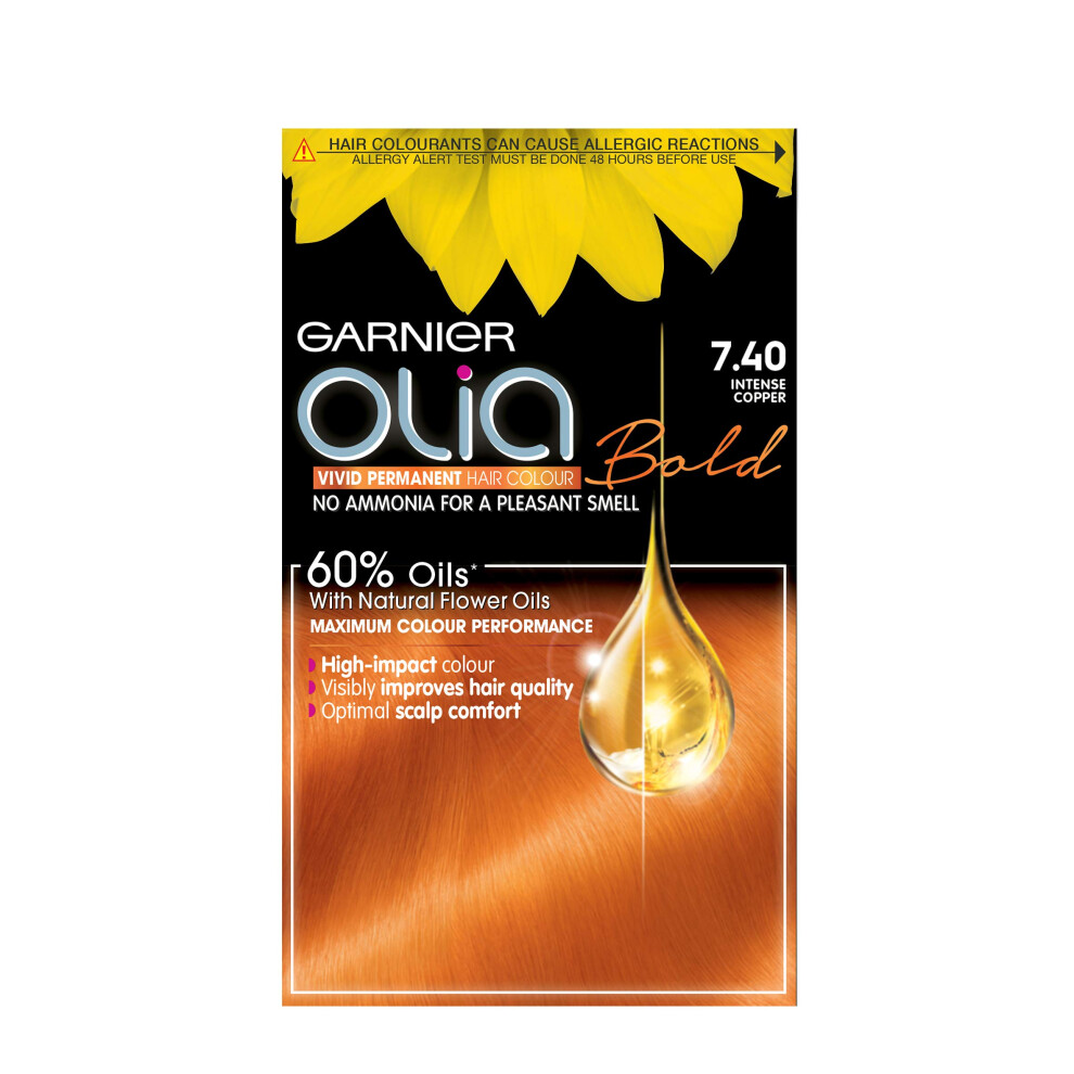 Garnier Olia Permanent Hair Dye, Up to 100% Grey Hair Coverage, No Ammonia, 60% Oils, Bold 7.40 Intense Copper