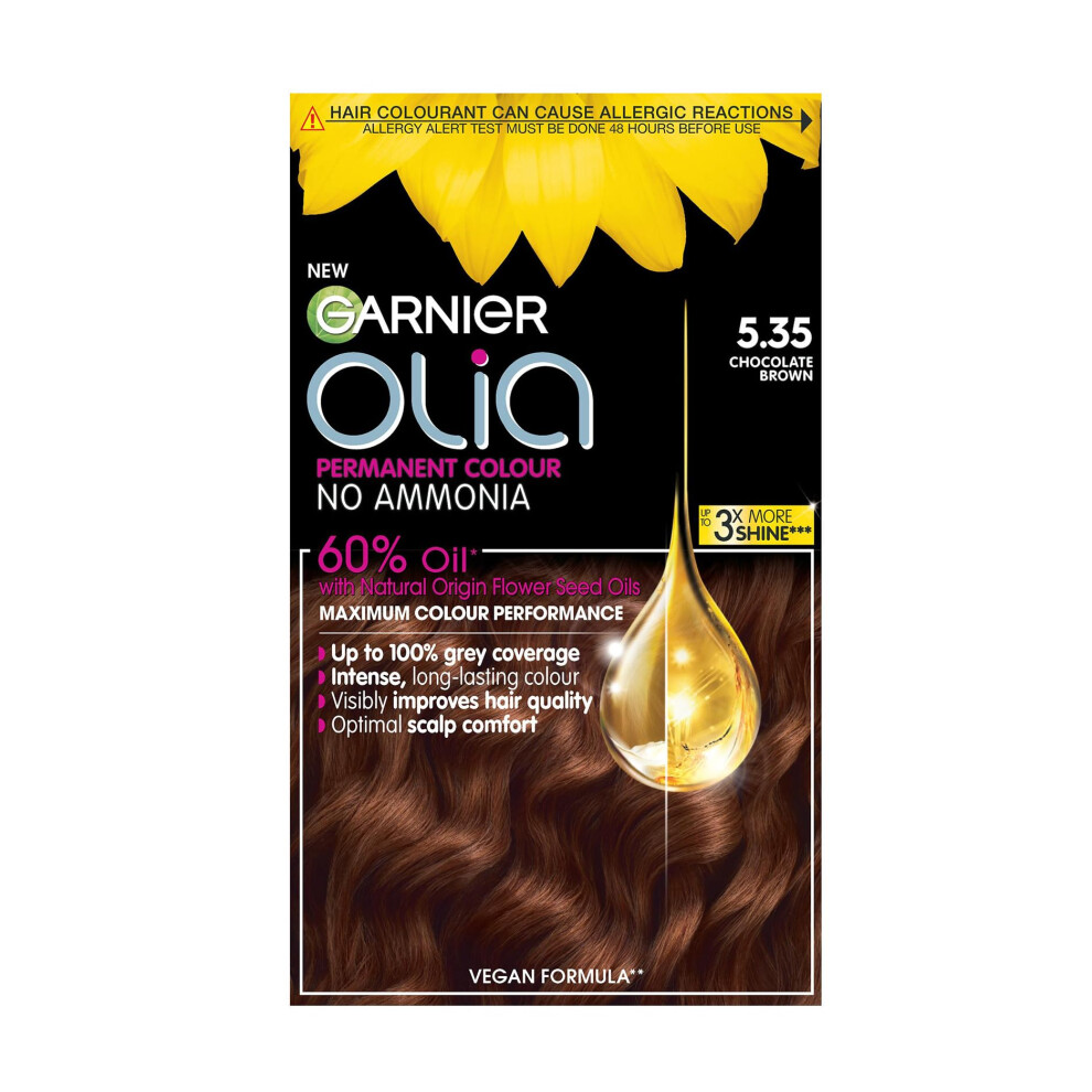 Garnier Olia Permanent Hair Dye, Up to 100% Grey Hair Coverage, No Ammonia, 60% Oils, 5.35 Rich Chocolate Brown