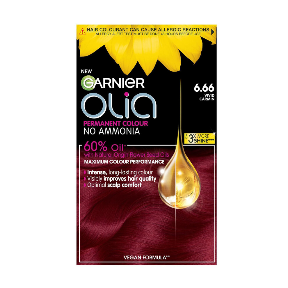 Garnier Olia Permanent Hair Dye, Up to 100% Grey Hair Coverage, No Ammonia, 60% Oils, 6.66 Vivid Garnet Red