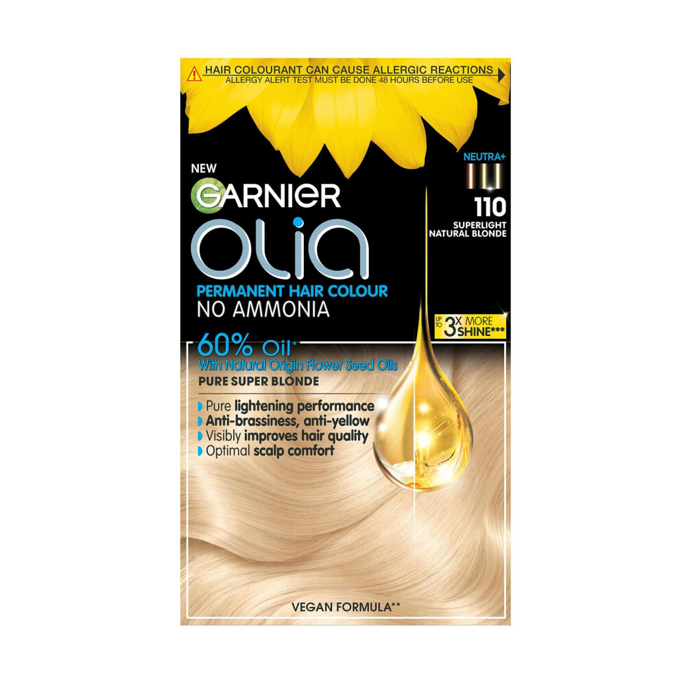 Garnier Olia Permanent Hair Dye, Up to 100% Grey Hair Coverage, No Ammonia, 60% Oils, 110 Super Light Blonde